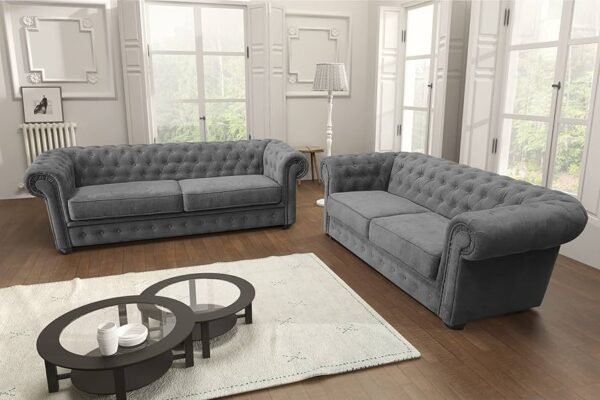 Velvet Chesterfield Sofa Set – Traditional Scroll Arm Design with Button Detailing