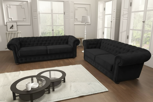 Velvet Chesterfield Sofa Set – Traditional Scroll Arm Design with Button Detailing