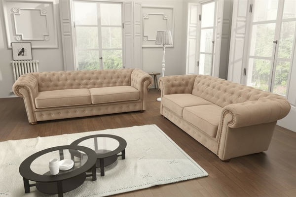 Velvet Chesterfield Sofa Set – Traditional Scroll Arm Design with Button Detailing