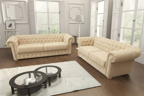 Velvet Chesterfield Sofa Set – Traditional Scroll Arm Design with Button Detailing