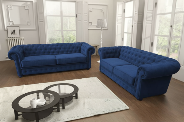 Velvet Chesterfield Sofa Set – Traditional Scroll Arm Design with Button Detailing