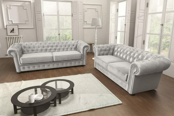 Velvet Chesterfield Sofa Set – Traditional Scroll Arm Design with Button Detailing