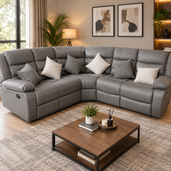 Leather Recliner Corner Sofa Set 5 Seater – Grey or Black